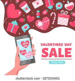 Valentine's Day sale. Hand with telephone. Vector illustration