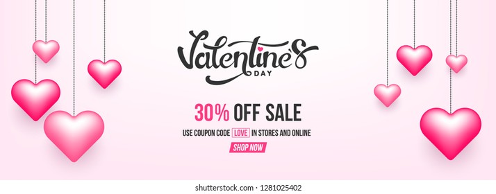 Valentine's day sale header or banner design with 30% discount offer and decorative heart shapes.