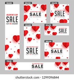 Valentine's Day sale header and banner set with 70% discount offer and paper origami of heart shapes.