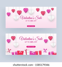 Valentine's Day Sale Header or Banner Design Set with 50% Discount Offer, Origami Paper Cut Hearts hang and Gift Boxes Decorated on Pink Background.