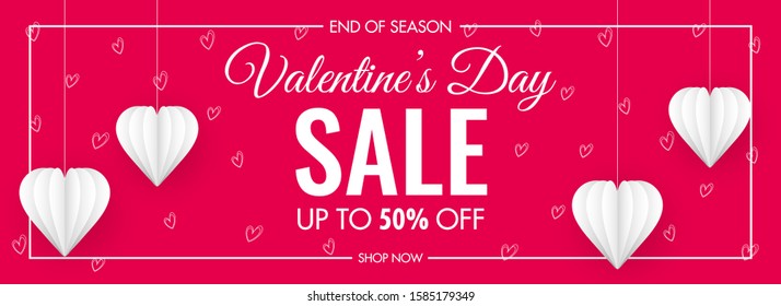 Valentine's Day Sale Header or Banner Design with 50% Discount Offer and White Paper Cut Hearts Decorated on Pink Background.