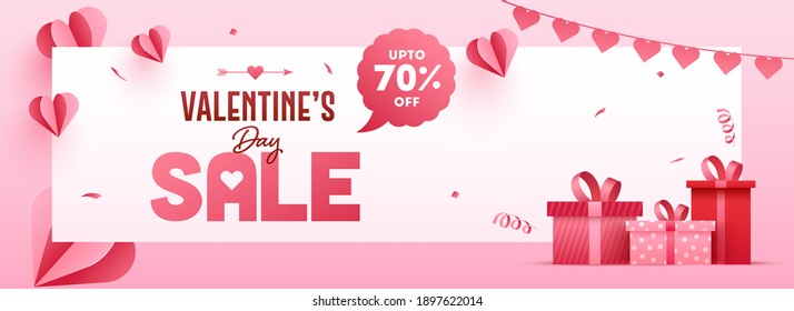 Valentinstag Verkauf Kopfzeile oder Banner Design mit 70% Rabatt Angebot, Geschenkbox und Papier geschnitten Heart dekoriert auf rosa und weißem Hintergrund.