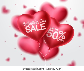 Valentines day sale heart balloon vector banner design. Happy valentines day sale promotion text with red heart balloon elements in blurred background. Vector illustration.
