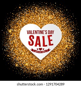 Valentine's day sale, heart shape and gold glitter, advertisement banner, vector illustration