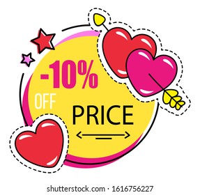 Valentines day sale, hearts and arrows, isolated icon vector. Voucher discount, price reduction and holiday clearance. Holiday off and special offer, love celebration, shopping tag illustration