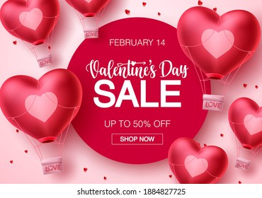 Valentines day sale hearts vector banner template. Happy valentines day sale text with heart air balloon elements in white background for promotional purposes. Vector illustration.