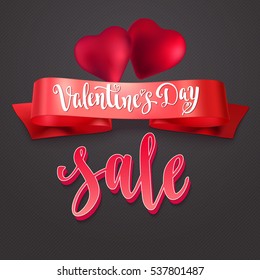 Valentine's Day Sale. Holiday card with calligraphy, red ribbon and decorative elements.  Handwritten modern lettering with hearts on chalkboard dark background.