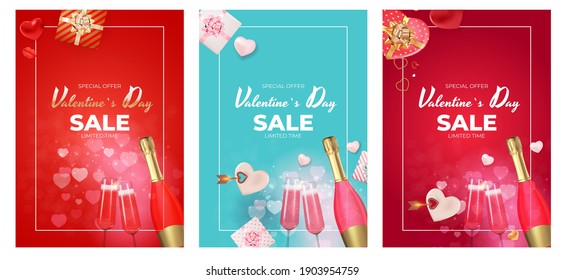 Valentinstag Verkauf Holiday Geschenkkarte Hintergrund Realistische Design Sey. Vorlage für Werbung, Social Media und Mode-Werbung.  Poster, Flyer, Grußkarte, Kopfzeile für Website Vector Illustration