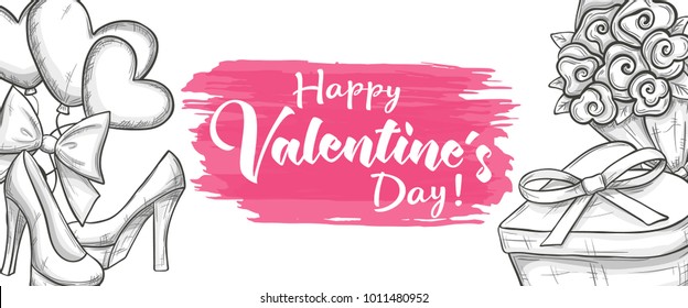 Valentines day sale horizontal banner for flyers, invitation, posters, brochure, voucher. Background with Valentines icon set pattern. Cartoon sketch illustration. Vector