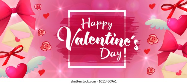 Valentines day sale horizontal banner for flyers, invitation, posters, brochure, voucher. Background with Valentines icon set pattern. Vector