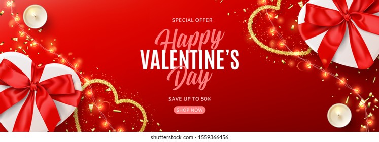 Valentine's Day sale horizontal banner. Vector illustration with realistic white gift boxes, sparkling light garland, candles and confetti on red background. Promo discount banner.