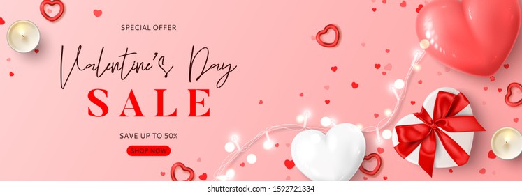 Valentine's Day sale horizontal banner  Vector illustration and realistic pink   white air balloons  gift box  candles  light garland   confetti pink background  Holiday gift card 