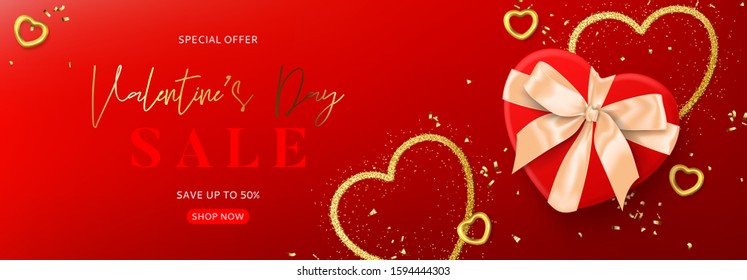 Valentine's Day sale horizontal banner. Vector illustration with realistic gift box, candles, gold hearts and confetti on red background. Promo discount banner.