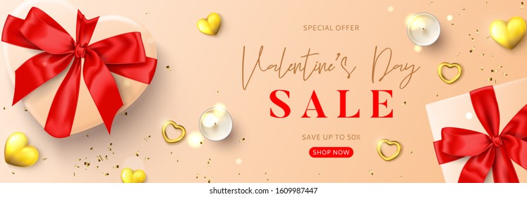 Valentine's Day sale horizontal banner. Vector illustration with realistic gift boxes, candles, gold hearts and golden confetti. Promo discount banner.
