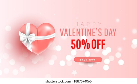 Valentine's Day sale horizontal banner. Realistic pink air balloon gift and confetti on pink background. Promotion discount banner. Vector illustration