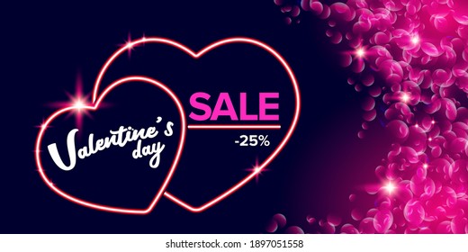 Valentines day sale horizontal banner with pink neon heart and glowing pink petals isolated on background.  Valentines day sale poster with shiny pink layout and beautiful heart