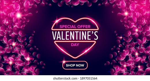 Valentines day sale horizontal banner with pink neon heart and glowing pink petals isolated on background.  Valentines day sale poster with shiny pink layout and beautiful heart