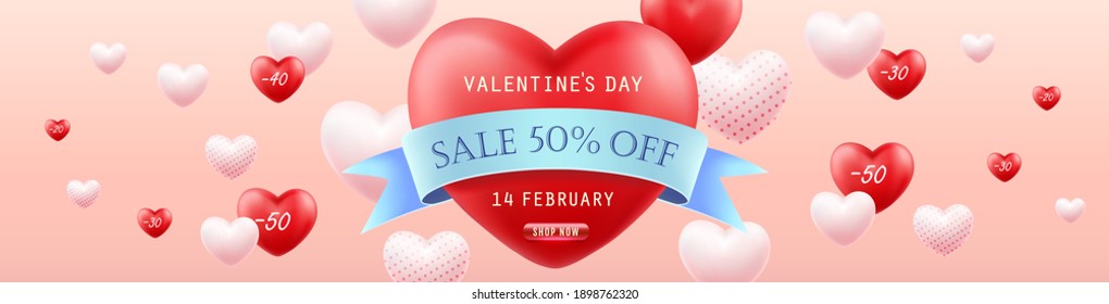 Venta de San Valentín. Banner horizontal para el sitio web. Plantilla de promoción y compras o fondo para el concepto de Amor y Día de San Valentín. Ilustración del vector