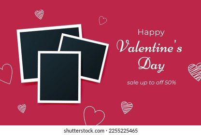 Valentine's Day sale horizontal banner with Blank photo cards and outline hearts on color Magenta background. Vector illustration