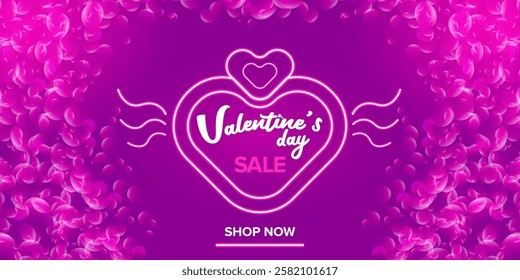 Valentines day sale horizontal banner with pink neon heart and glowing pink petals isolated on background. Valentines day sale poster with shiny pink layout and beautiful heart