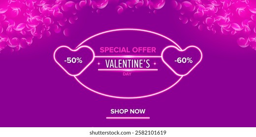 Valentines day sale horizontal banner with pink neon heart and glowing pink petals isolated on background. Valentines day sale poster with shiny pink layout and beautiful heart