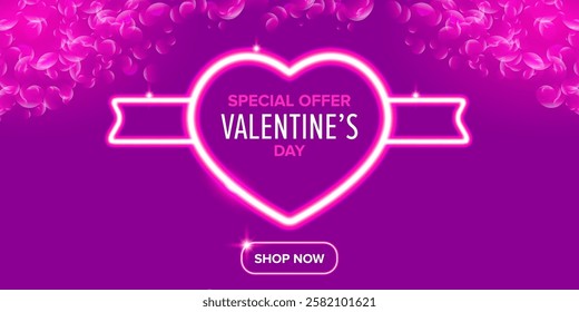 Valentines day sale horizontal banner with pink neon heart and glowing pink petals isolated on background. Valentines day sale poster with shiny pink layout and beautiful heart