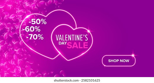 Valentines day sale horizontal banner with pink neon heart and glowing pink petals isolated on background. Valentines day sale poster with shiny pink layout and beautiful heart