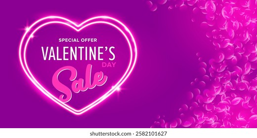 Valentines day sale horizontal banner with pink neon heart and glowing pink petals isolated on background. Valentines day sale poster with shiny pink layout and beautiful heart