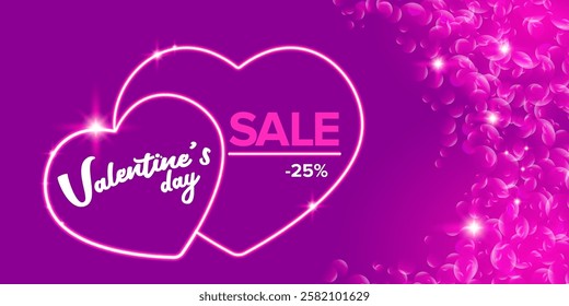 Valentines day sale horizontal banner with pink neon heart and glowing pink petals isolated on background. Valentines day sale poster with shiny pink layout and beautiful heart