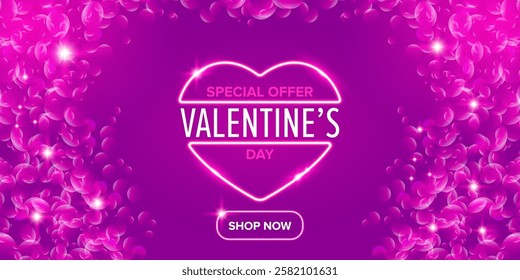 Valentines day sale horizontal banner with pink neon heart and glowing pink petals isolated on background. Valentines day sale poster with shiny pink layout and beautiful heart