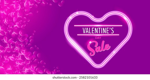 Valentines day sale horizontal banner with pink neon heart and glowing pink petals isolated on background. Valentines day sale poster with shiny pink layout and beautiful heart