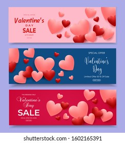 Valentine's Day sale horizontal banners set with pink and red shaped hearts balloons. Vector illustration for greeting cards, gift, wallpaper, flyers, invitation, posters, brochure, voucher, banners.