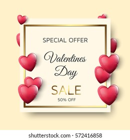 Valentines day sale image with red hearts. Vector background, eps10