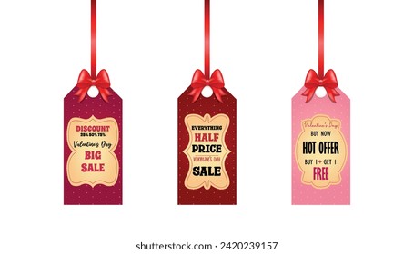 Valentine's Day Sale labels with red bow and ribbon white isolated background. Valentine's Day discount set