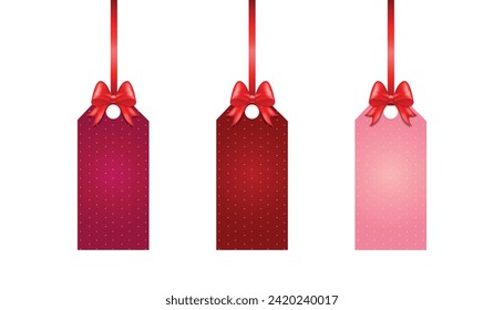 Valentine's Day Sale labels with red bow and ribbon white isolated background. Valentine's Day discount set