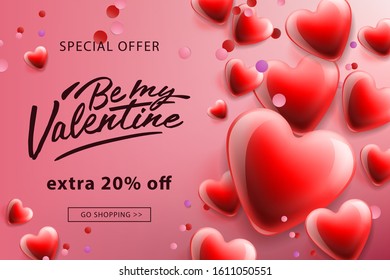 Valentines day sale. Landing page template with red hearts background, vector illustration.