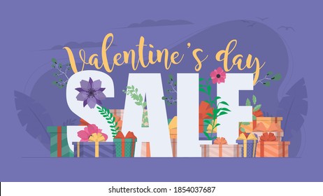 Valentine's day sale. Lettering on the theme of Valentine's Day with  Flowers and  gifts with vintage lettering. Vector.