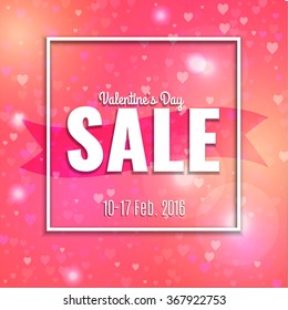 Valentine's Day sale. Letters with hearts valentine background and white frame. Stock vector.
