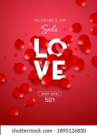 Valentine's day sale, love message on red rose petal flyer poster design on red background, Eps 10 vector illustration