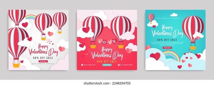 Plantilla de publicación de publicaciones de marketing en medios sociales del día de San Valentín. Banner o volante de promoción de negocios con nube realista, corazón o globo de amor. Decoración de fondo de afiches web de celebración de San Valentín.