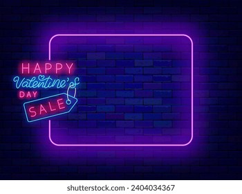 Valentines day sale neon advertising. February special offer. Empty purple frame and lettering label. Romantic shopping. Glowing flyer. Copy space. Editing text. Vector stock illustration