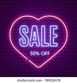 Valentines Day Sale. Neon glow. Retro banner template. Vector illustration. Invitation, discount voucher, poster, flyer, brochure, wallpaper design.