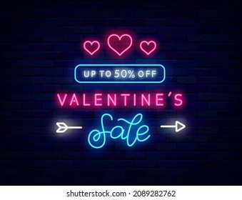 Valentines Day Sale neon signboard. Discount sign for shop. Outer glowing effect logo. Romantic holiday advertising on brick wall. Editable stroke. Vector stock illustration