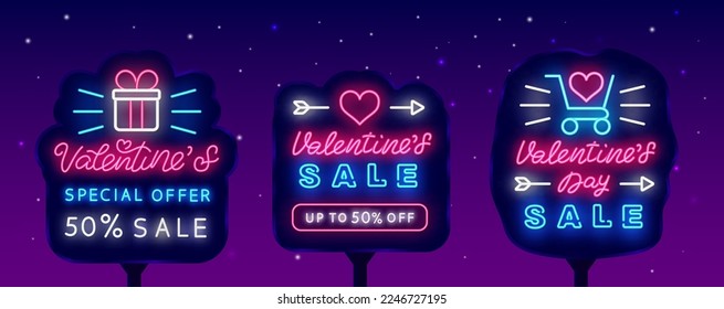 Valentines Day sale neon street billboards collection. Present, heart and shopping cart symbol. Luminous advertisings set. February holiday. Vector stock illustration