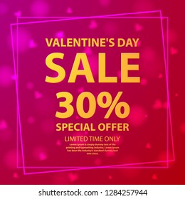 Valentine's day sale offer 30%.Shop market poster.Background pink hearts.Flyer gift vector.Holiday banner.