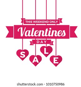 Valentine's day sale offer, banner template. Pink heart with lettering, isolated on white. Valentines Heart sale tags. Shop market poster design. Vector