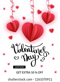 Valentine's day Sale. Offer, banner template. Red heart in paper cut style on white background. Space for Text. Shop market poster design. Romantic Holidays. Love. 14 February. - Vector