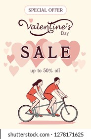 Valentine's day sale offer, banner template. A woman and a man are riding a tandem bike on a straw-coloured background.