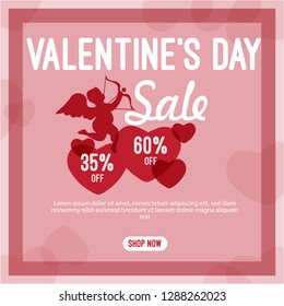 Valentine's day sale offer, banner template. Pink heart with lettering, isolated on white and red background. Valentines Heart sale tags. Shop market poster design.