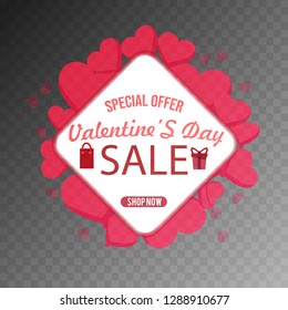 Valentine's day sale offer, banner template. Pink heart with lettering, isolated on transparent background. Valentines Heart sale tags. Shop market poster design.